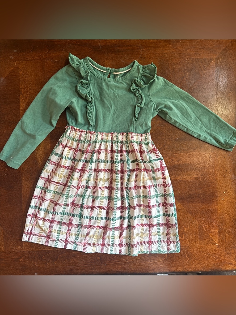 Ruffle Butts Green Ruffle-Front Dress with Pink and Yellow Plaid Skirt